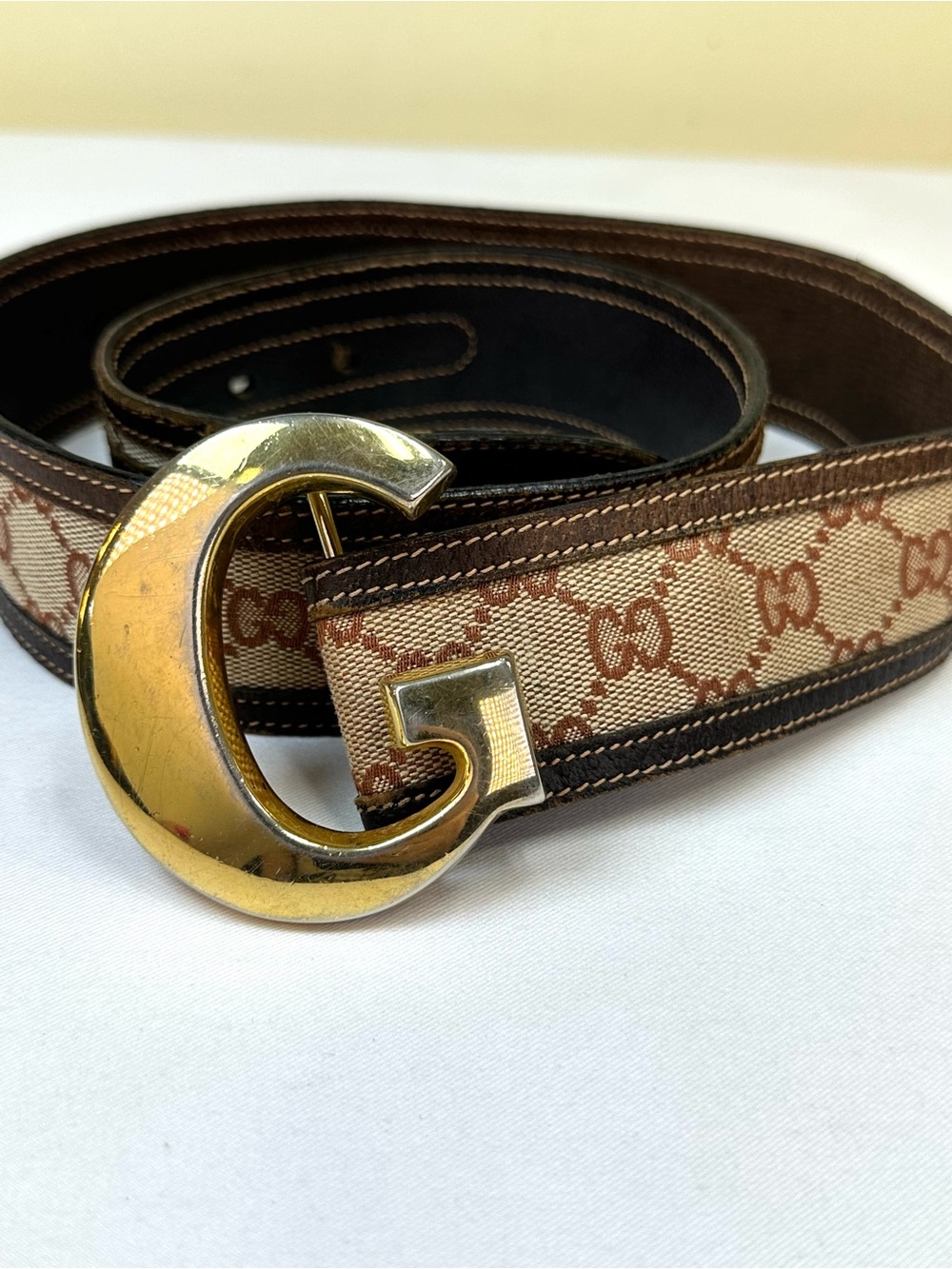 Gucci Monogram GG belt Brown Goldtone G size 80 30-32 holes Vintage Italy